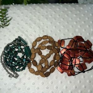 Green, Brown, Red Beaded long Necklaces Wood Green Shell Tile Boho hobo earthy